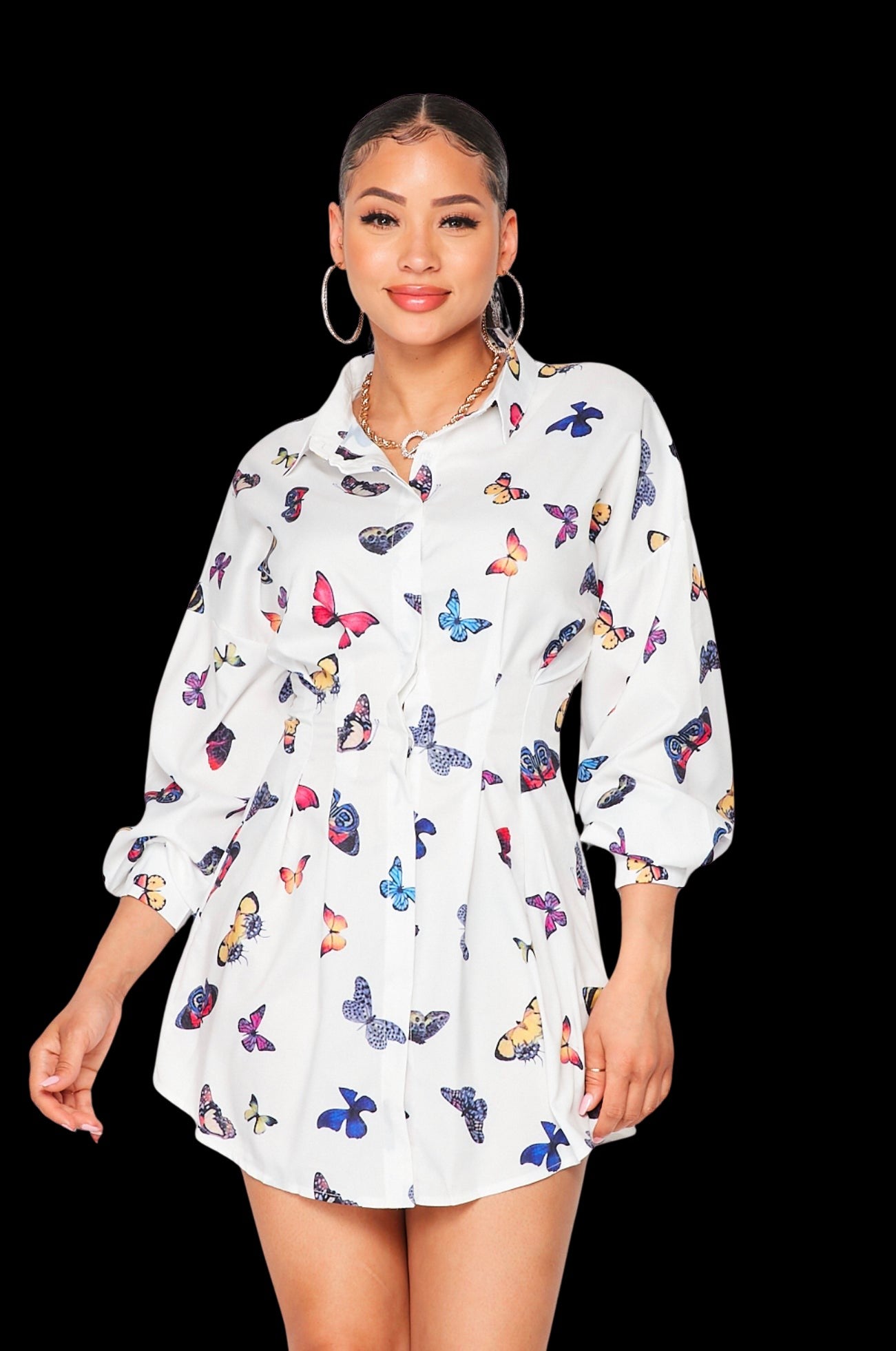 Butterfly Print Shirt Dress-Blouses-PANTIESANDPUMPS.COM
