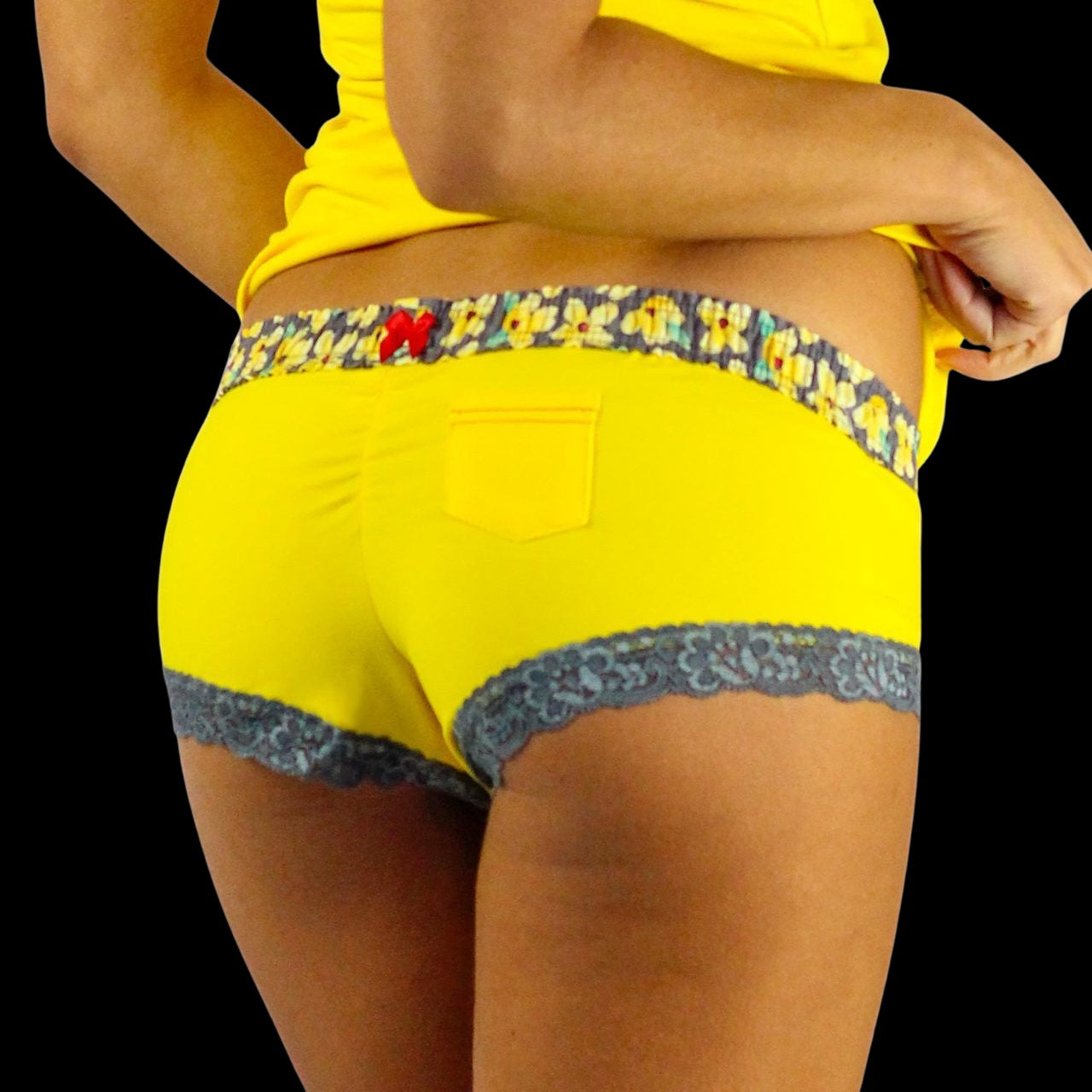 Sunshine Yellow Boyshorts Posies Waistband-Lingerie-PANTIESANDPUMPS.COM