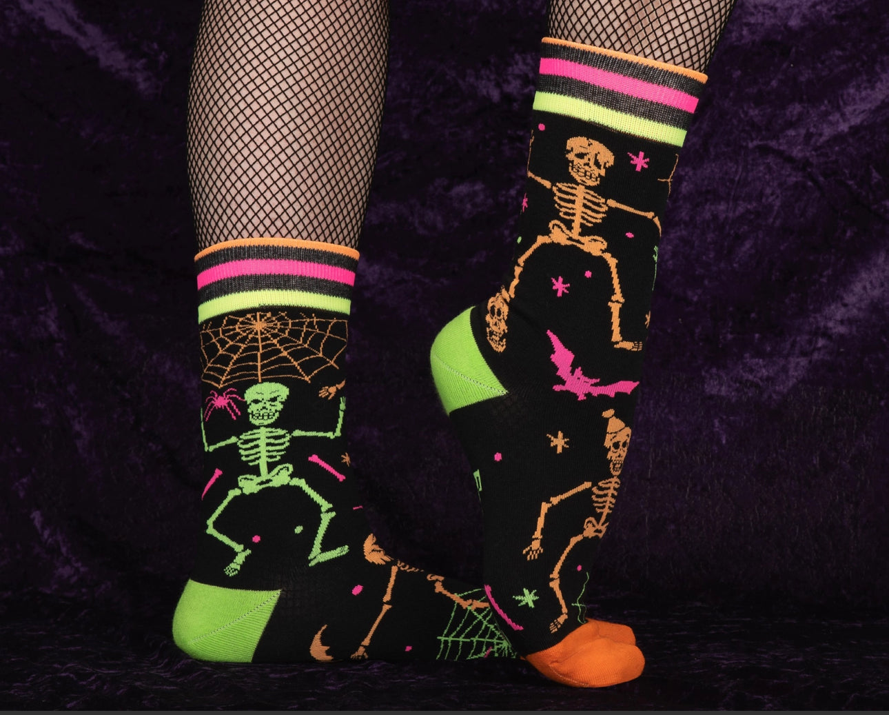 Raves Skeletons Uv Reactive Crew Socks-Legwear & Socks-PANTIESANDPUMPS.COM