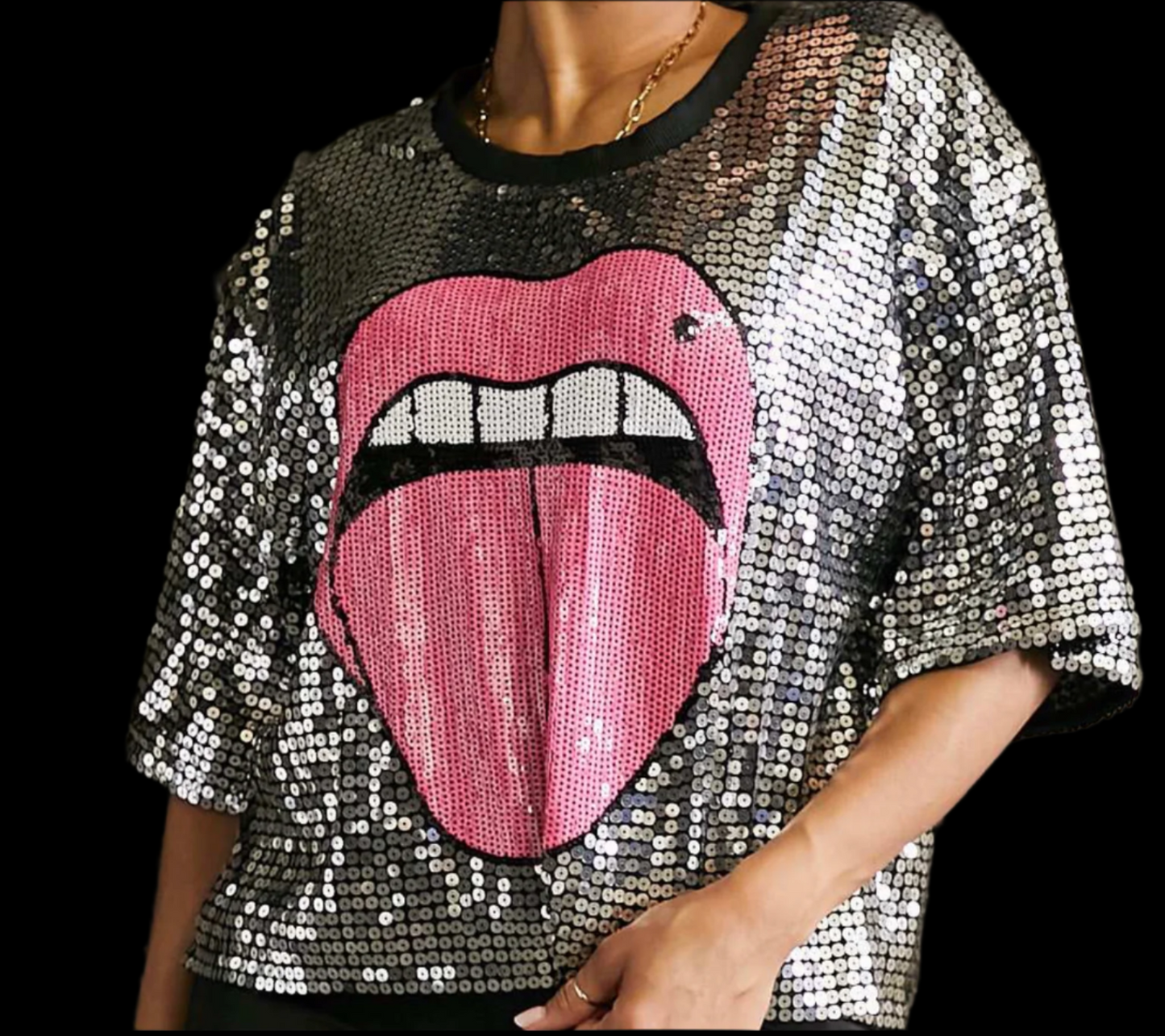 Tongue Print Sequin Top