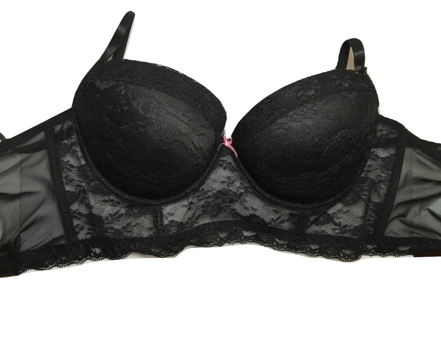 Black Lace Pink Bow Bra-Lingerie-PANTIESANDPUMPS.COM