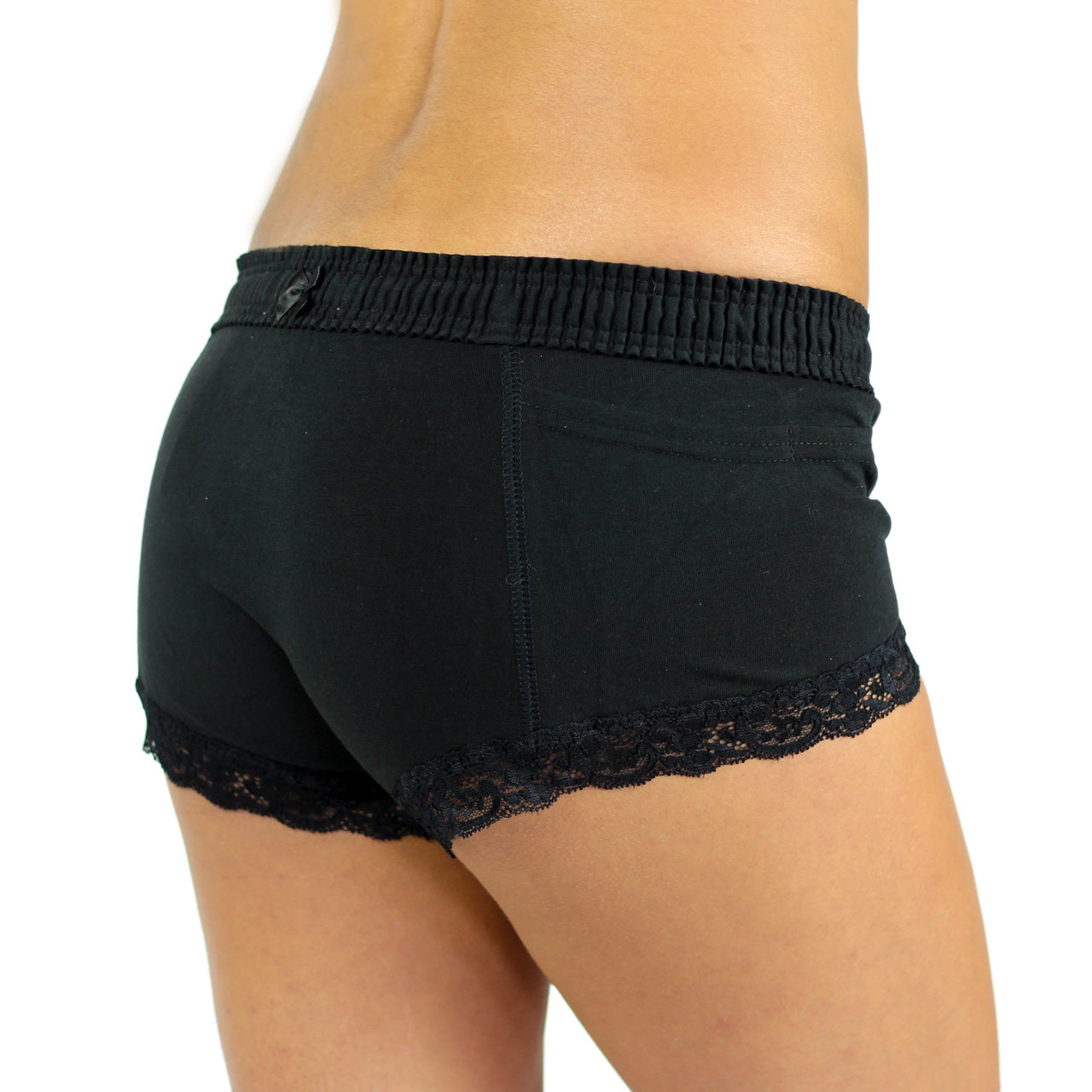 Black Solid Boxer Brief Lace Trim-Lingerie-PANTIESANDPUMPS.COM