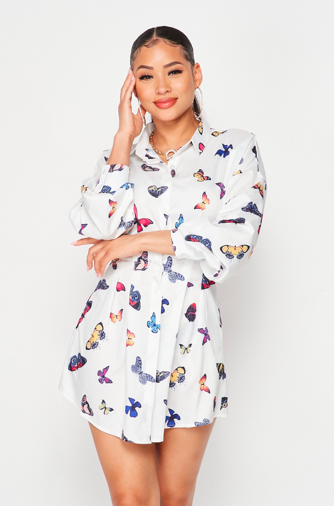 Butterfly Print Shirt Dress-Blouses-PANTIESANDPUMPS.COM