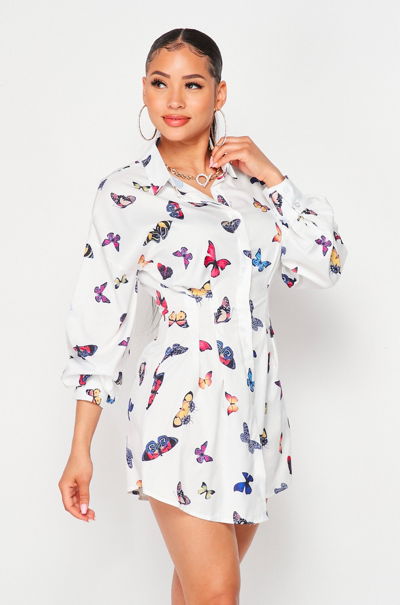 Butterfly Print Shirt Dress-Blouses-PANTIESANDPUMPS.COM