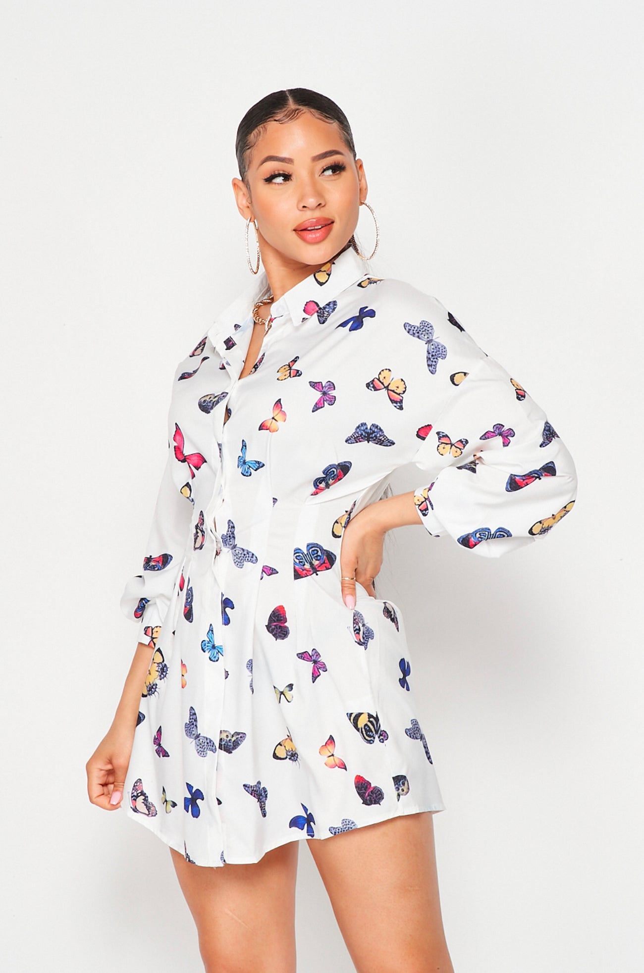 Butterfly Print Shirt Dress-Blouses-PANTIESANDPUMPS.COM
