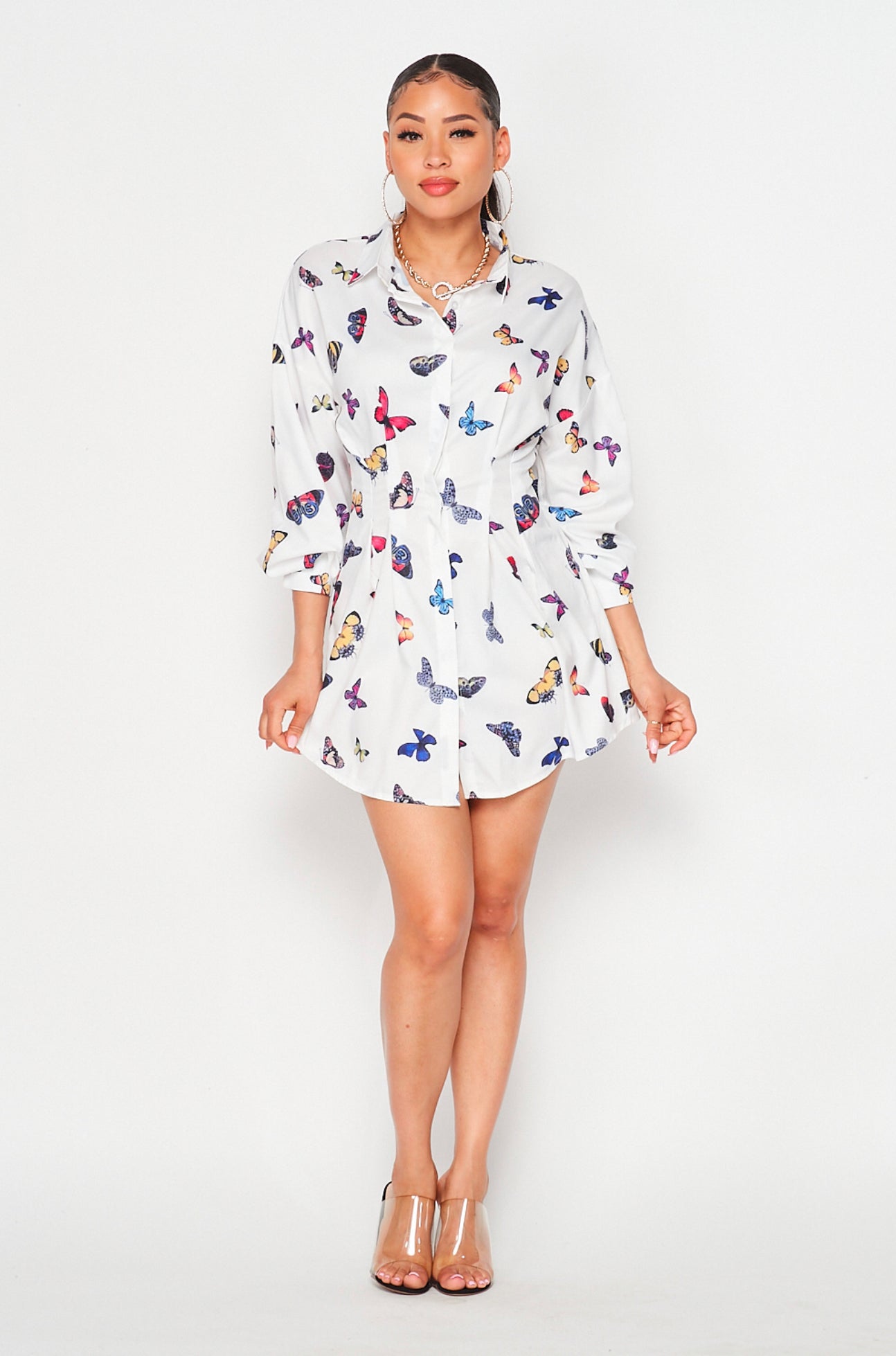 Butterfly Print Shirt Dress-Blouses-PANTIESANDPUMPS.COM