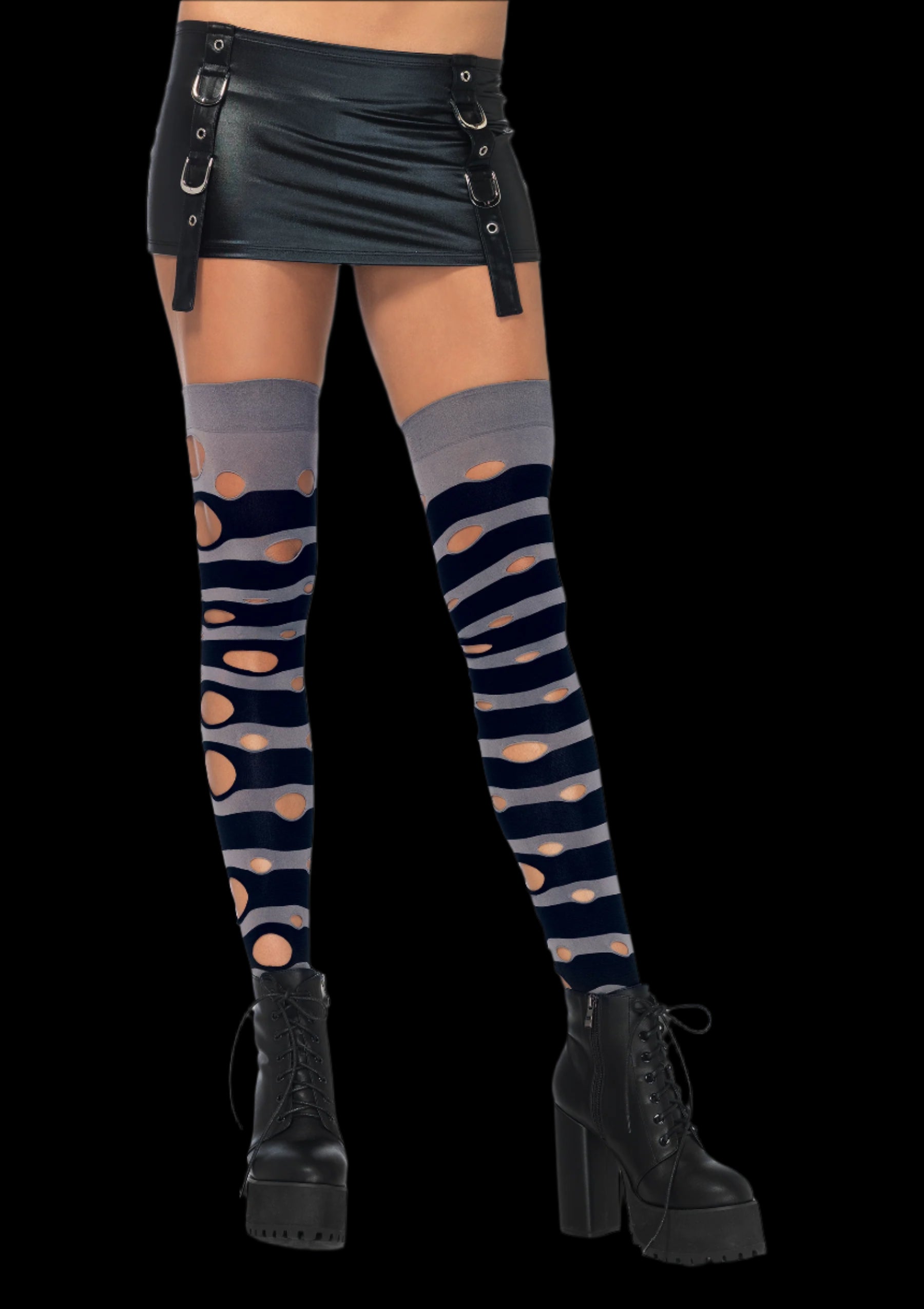 Distressed Grey Striped Thigh High-Legwear & Socks-PANTIESANDPUMPS.COM