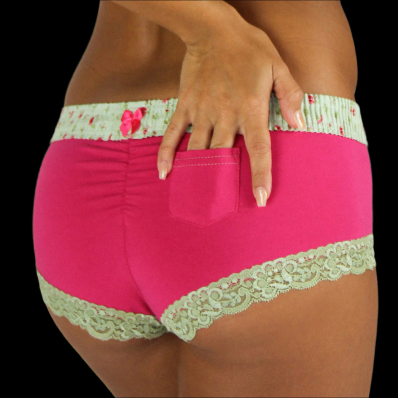 Fuchsia Boyshorts Roses/Sage Waistband-Lingerie-PANTIESANDPUMPS.COM