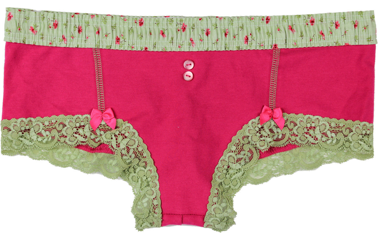 Fuchsia Boyshorts Roses/Sage Waistband-Lingerie-PANTIESANDPUMPS.COM