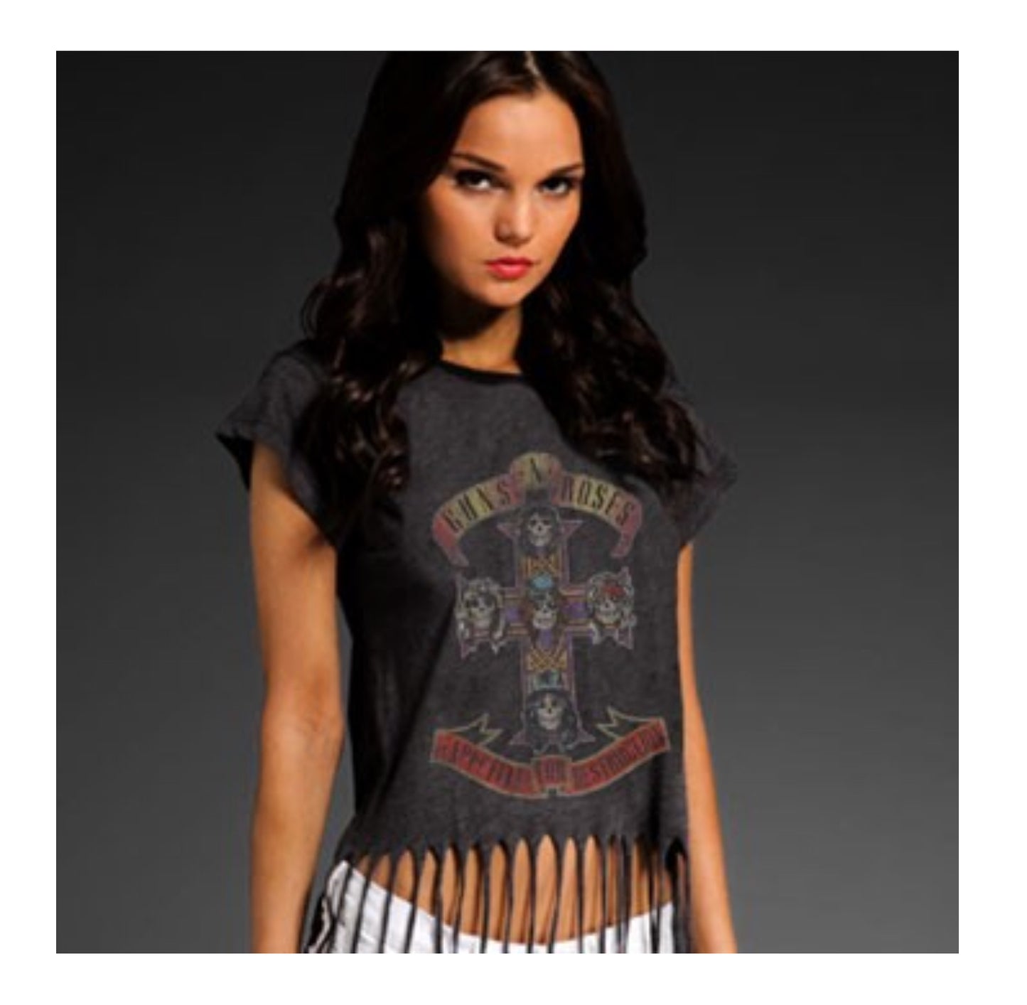 Guns N’ Roses Cross Fringe Top Women’s Fit T-Shirt-T-Shirts-PANTIESANDPUMPS.COM