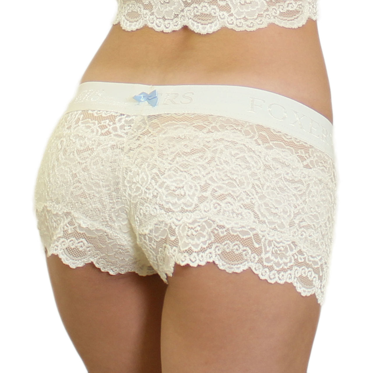 Ivory Lace Blue Bow Boxers-Lingerie-PANTIESANDPUMPS.COM