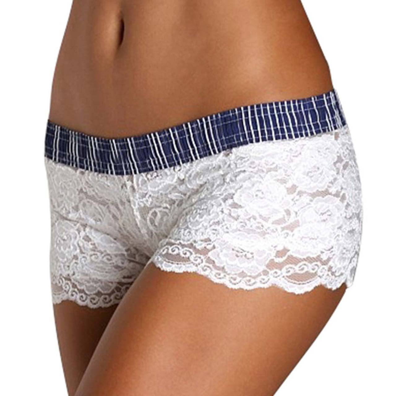 Navy Stripe White Lace Boxer-Lingerie-PANTIESANDPUMPS.COM
