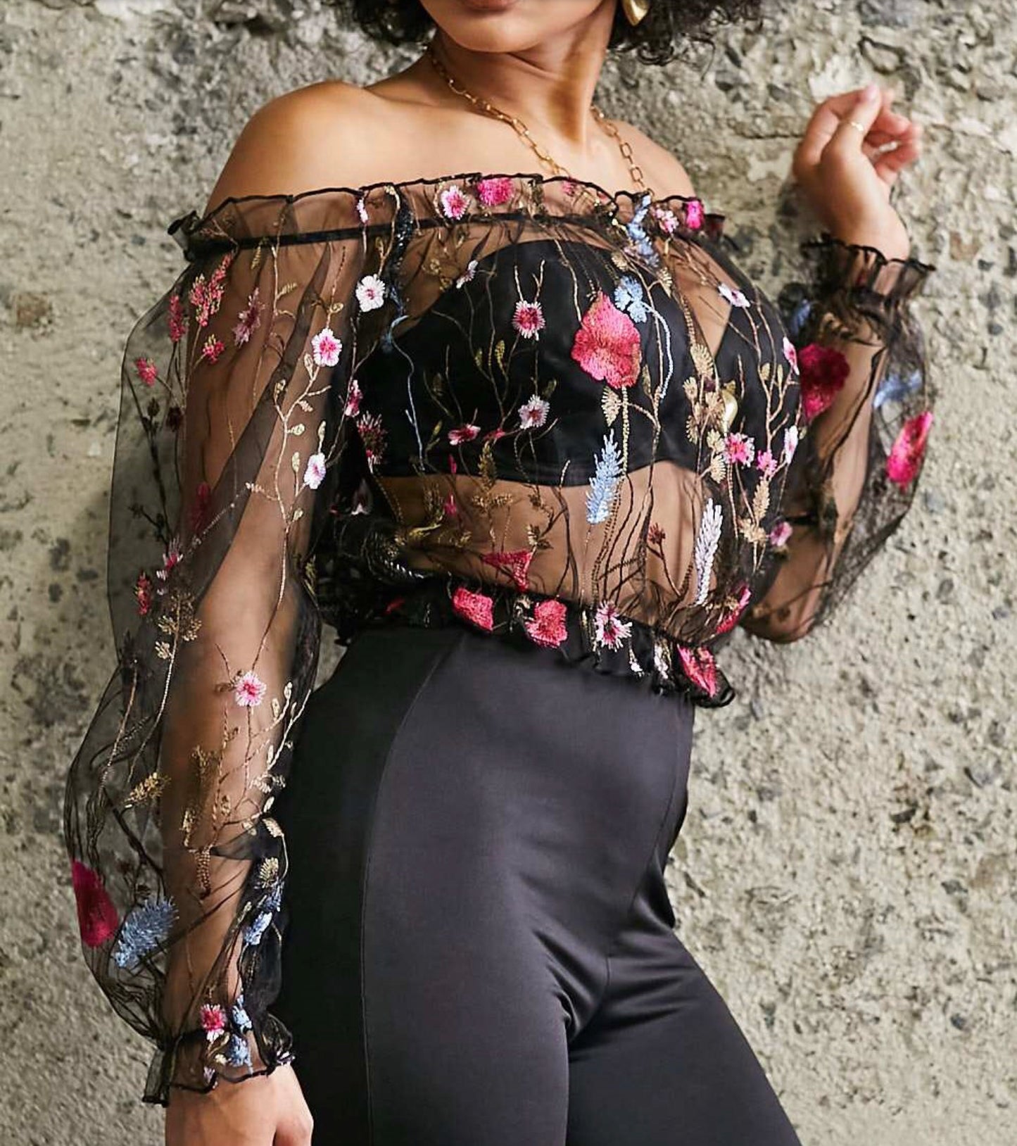 Off the Shoulders Sheer Crop Top-Shirts & Tops-PANTIESANDPUMPS.COM