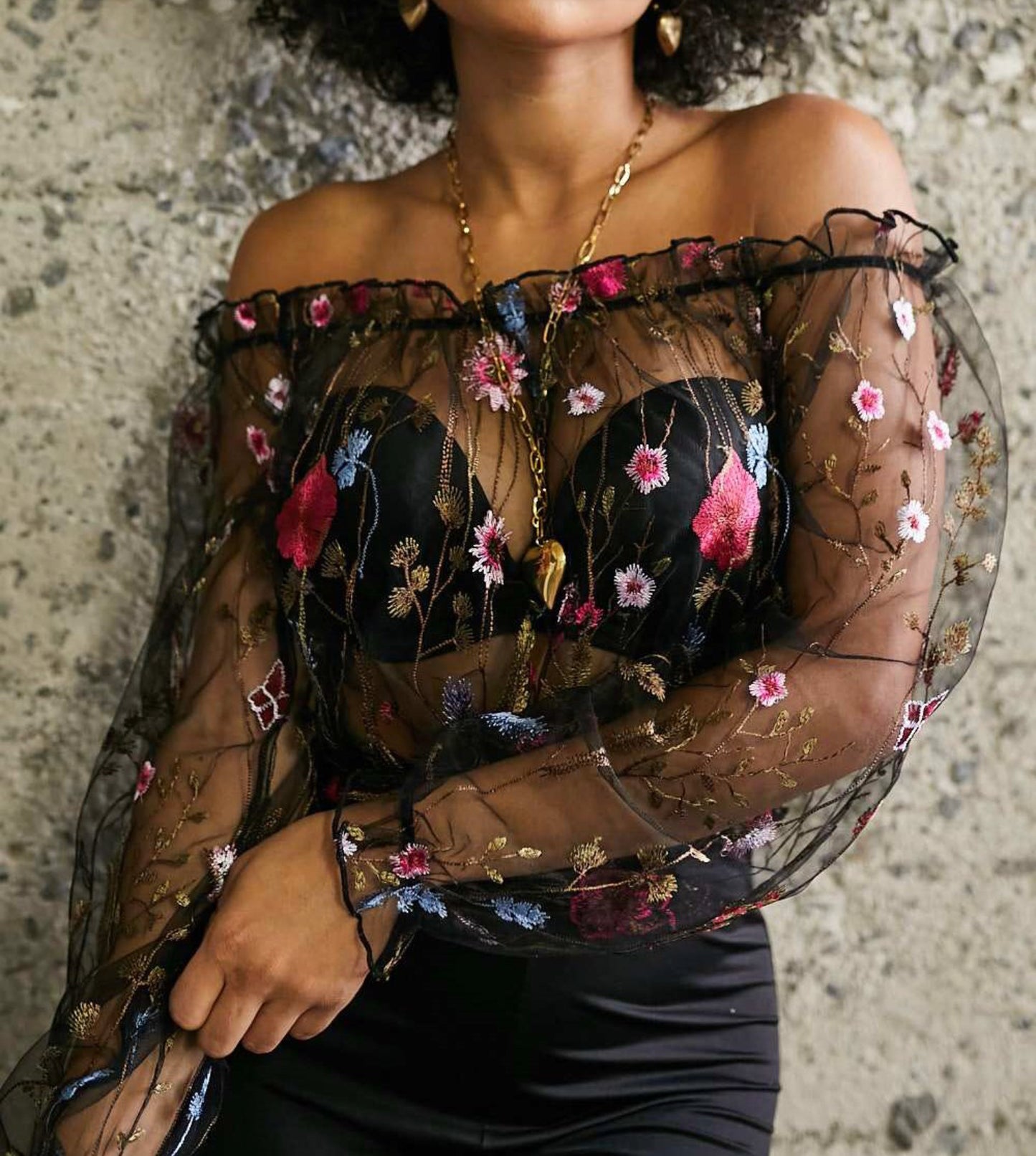 Off the Shoulders Sheer Crop Top-Shirts & Tops-PANTIESANDPUMPS.COM