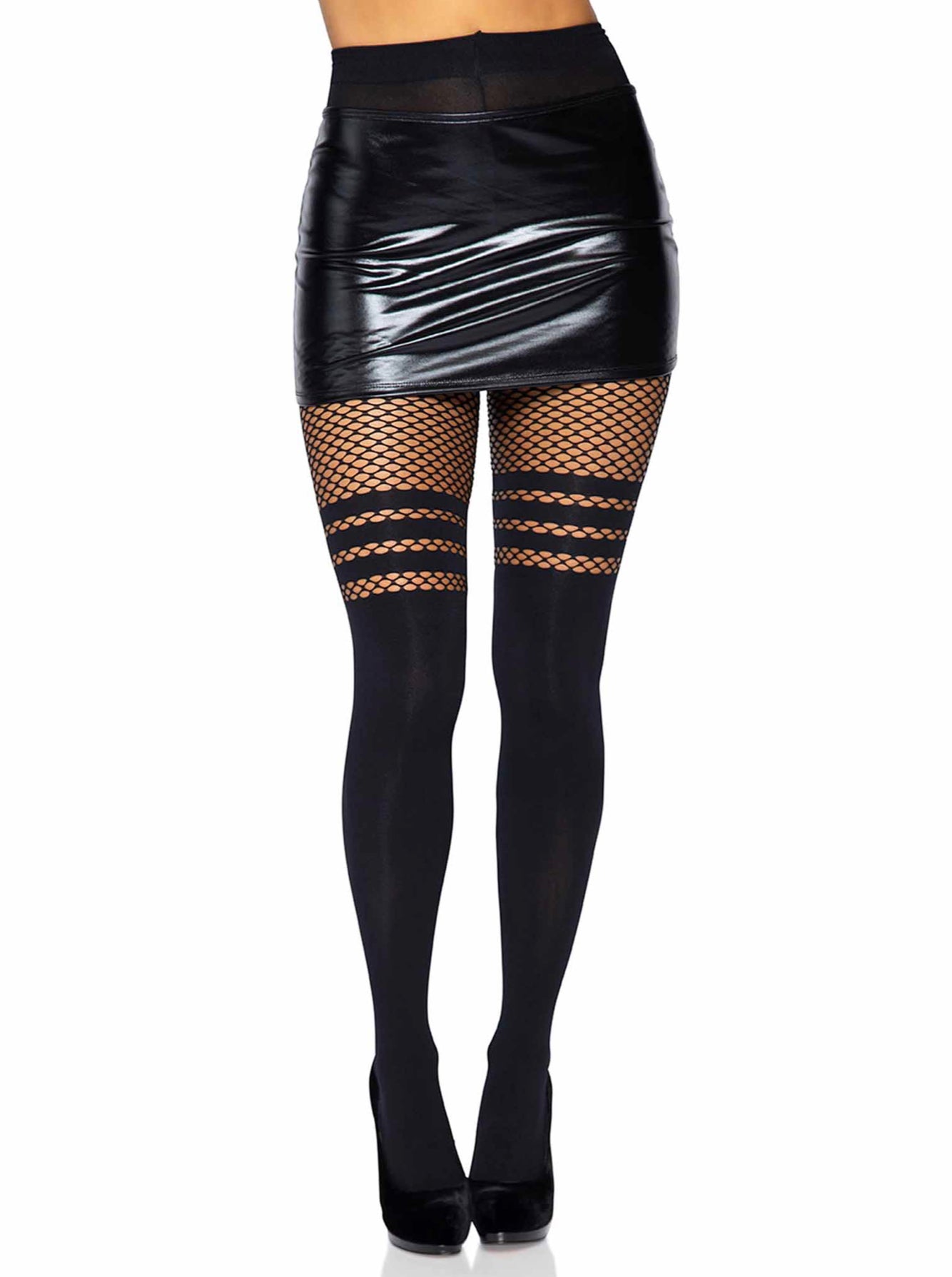 Opaque Black Striped Netted Pantyhose-Hosiery-PANTIESANDPUMPS.COM