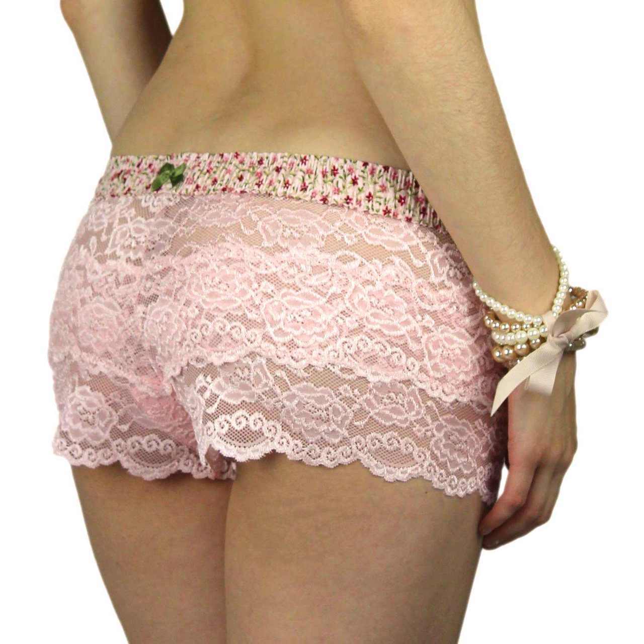 Pink Lace Boxers With Pink Posies Waistband-Lingerie-PANTIESANDPUMPS.COM