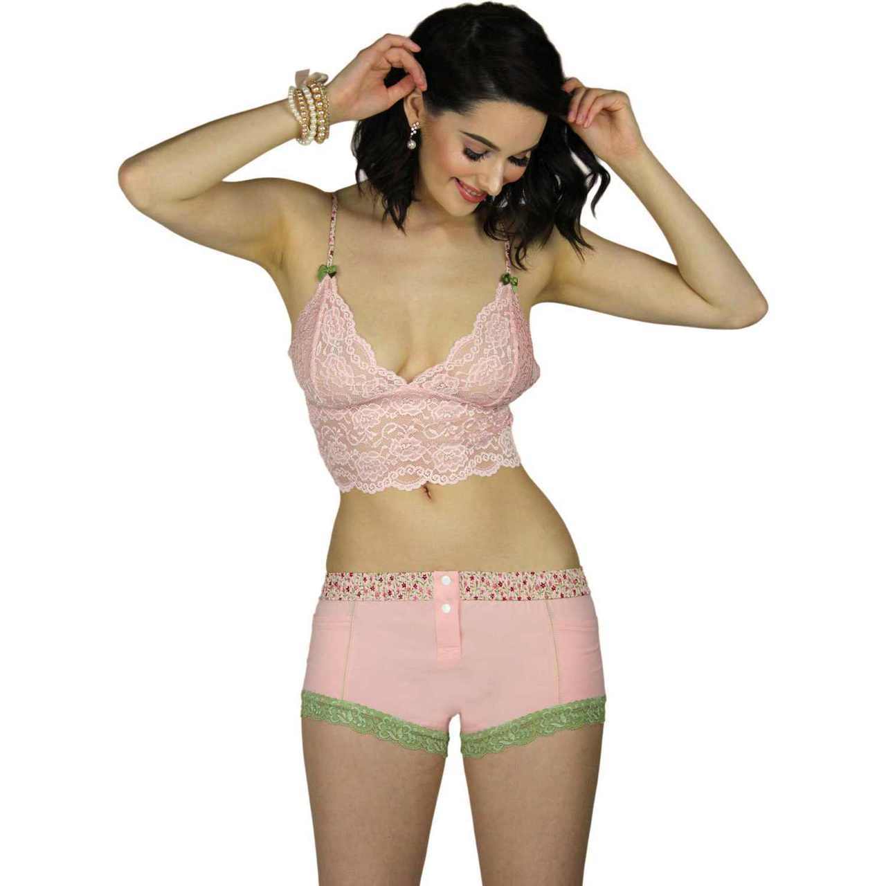 Pink Lace Bralette Cami Pink Posies Straps-Lingerie-PANTIESANDPUMPS.COM