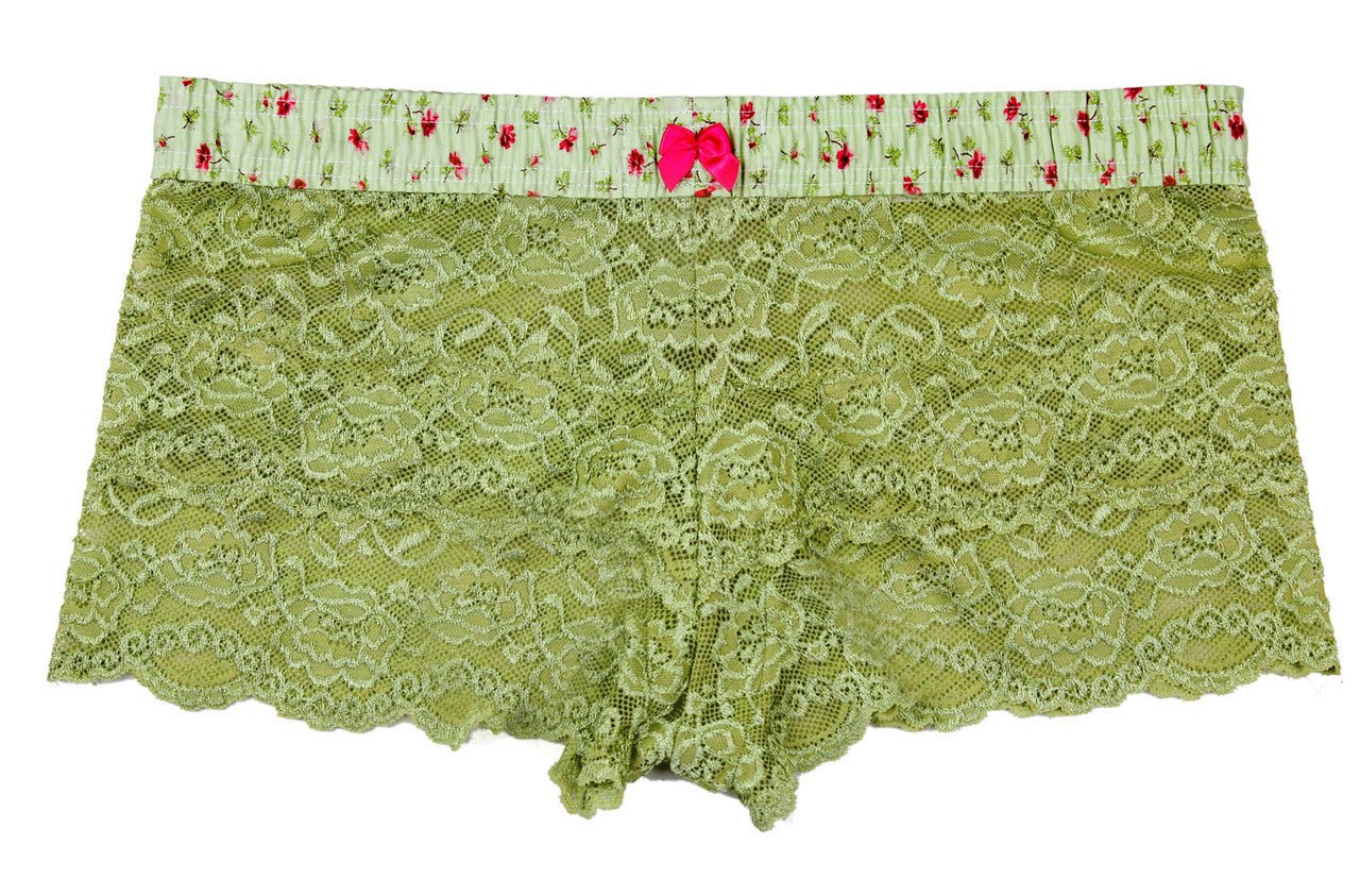 Sage Green Lace Boxer with Rose Print Band-Lingerie-PANTIESANDPUMPS.COM