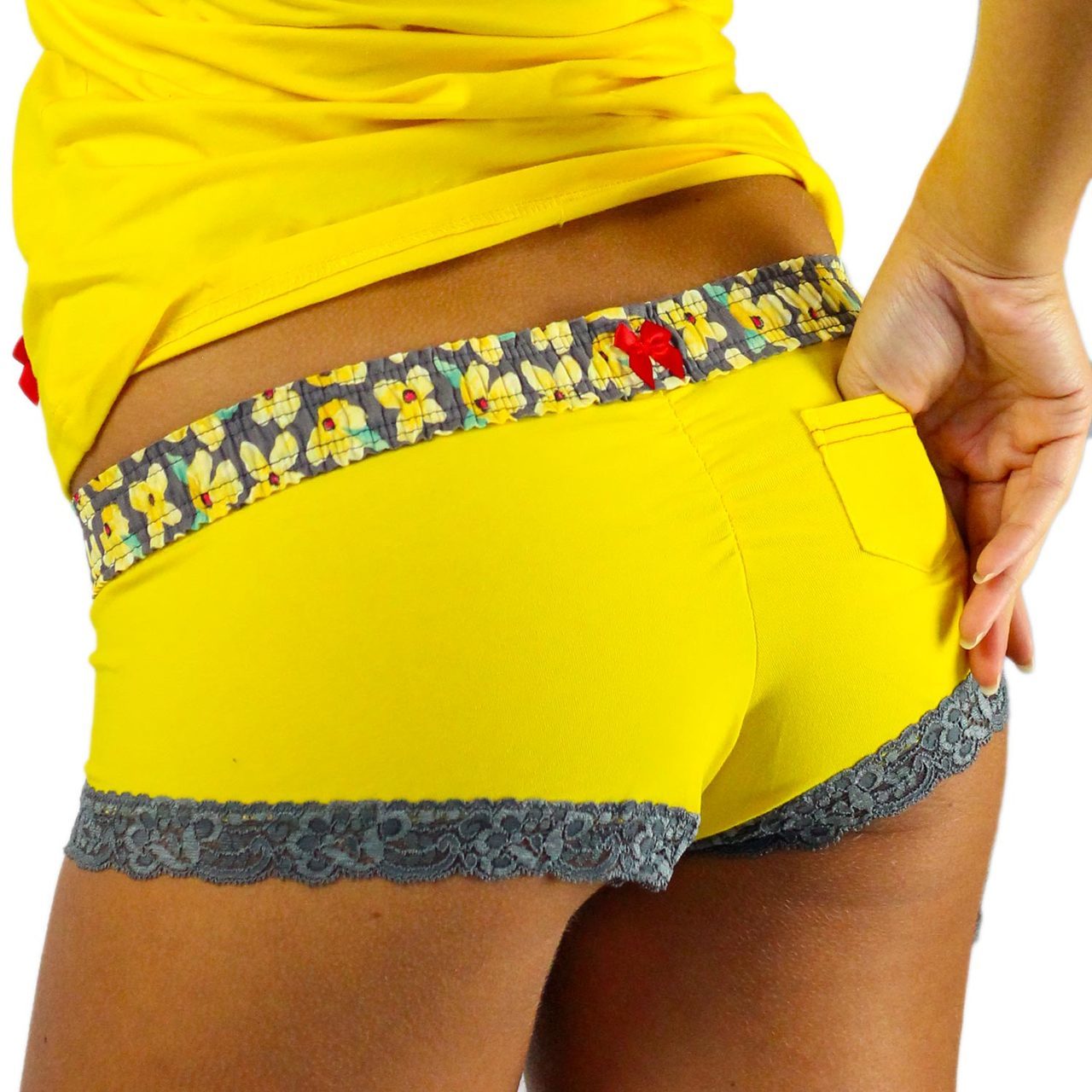 Sunshine Yellow Boyshorts Posies Waistband-Lingerie-PANTIESANDPUMPS.COM