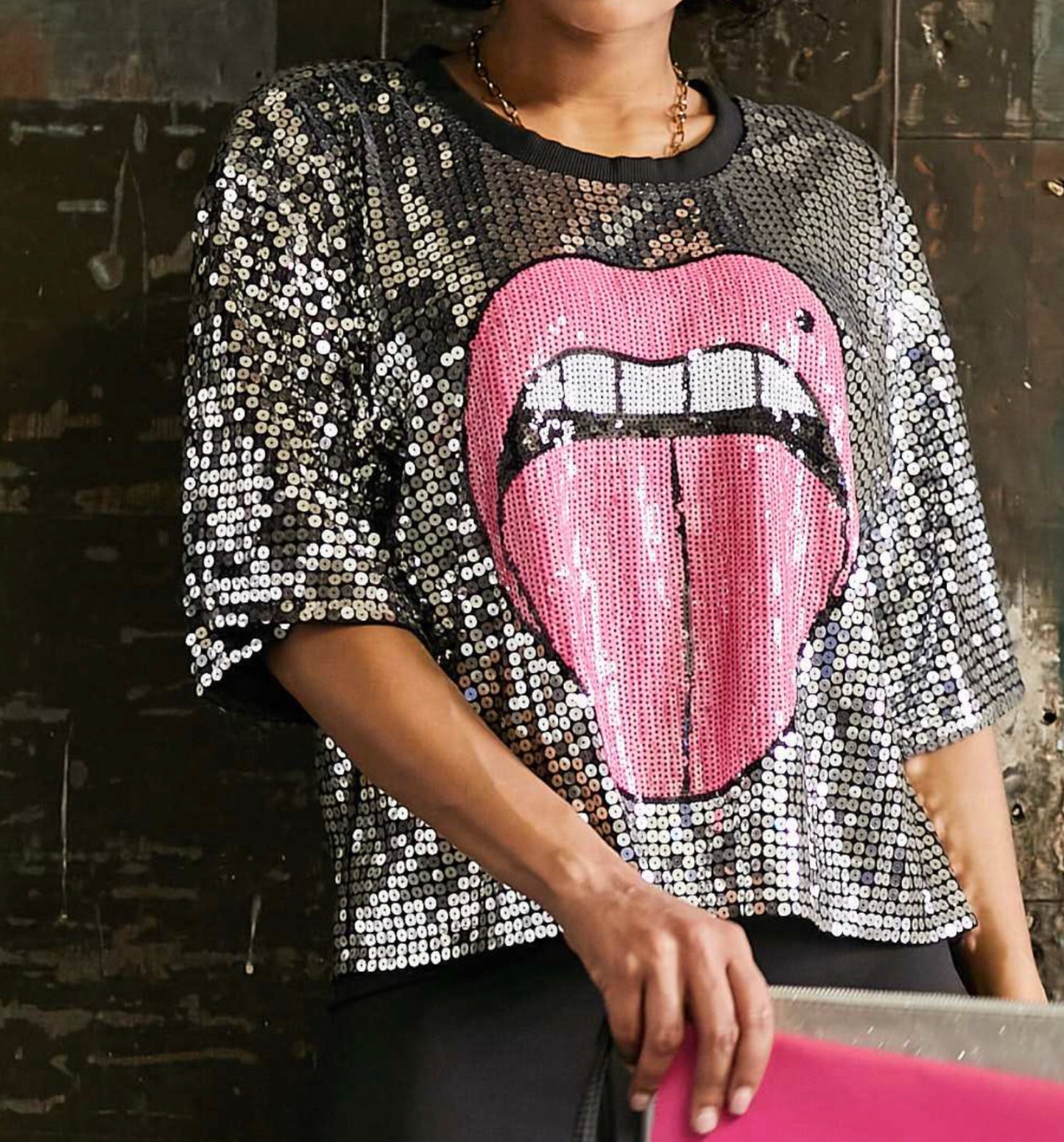 Tongue Print Sequin Top-Shirts & Tops-PANTIESANDPUMPS.COM