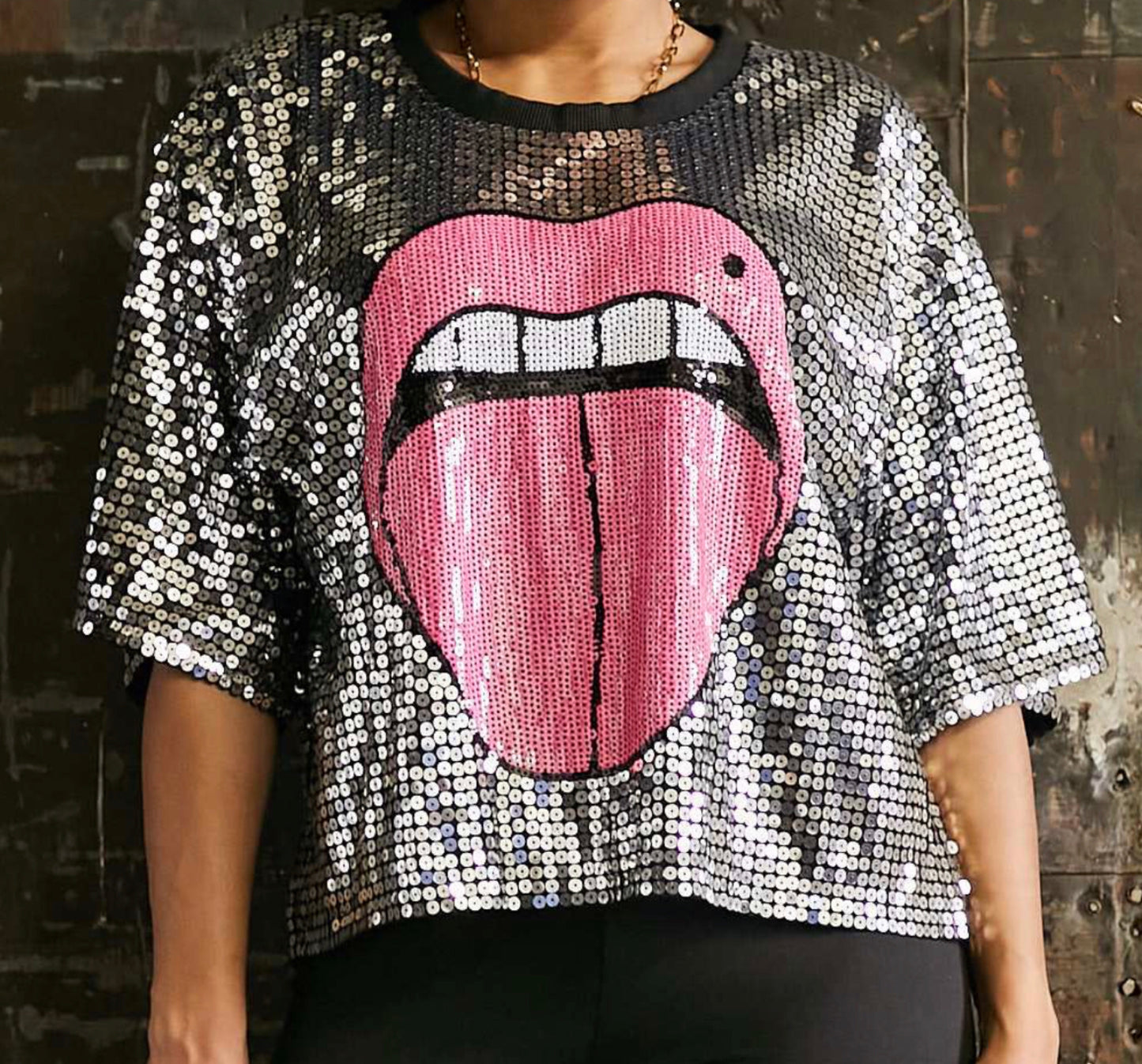 Tongue Print Sequin Top-Shirts & Tops-PANTIESANDPUMPS.COM