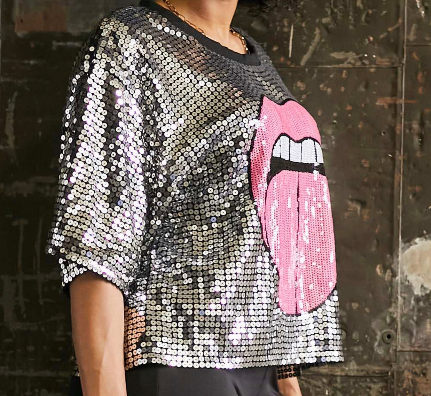 Tongue Print Sequin Top-Shirts & Tops-PANTIESANDPUMPS.COM