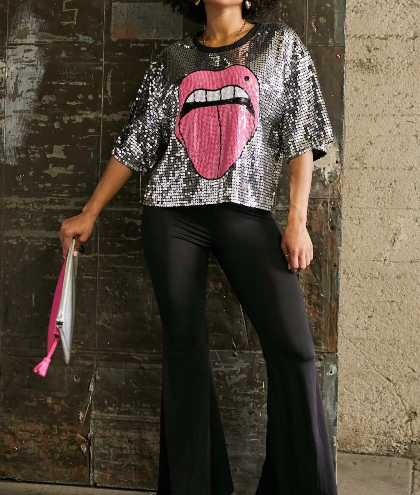 Tongue Print Sequin Top-Shirts & Tops-PANTIESANDPUMPS.COM