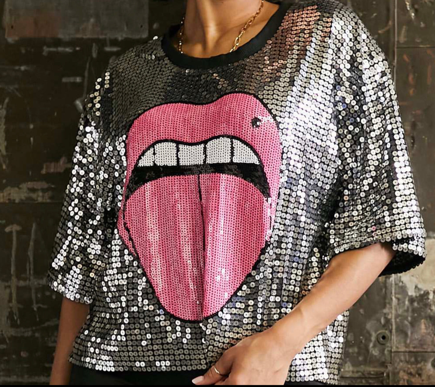 Tongue Print Sequin Top-Shirts & Tops-PANTIESANDPUMPS.COM