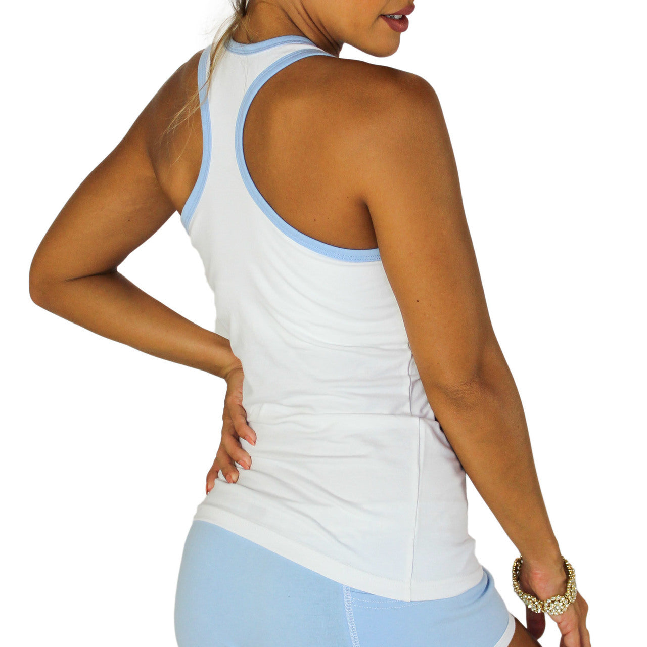 White Racerback Tank Top Light Blue Trim-T-Shirts-PANTIESANDPUMPS.COM