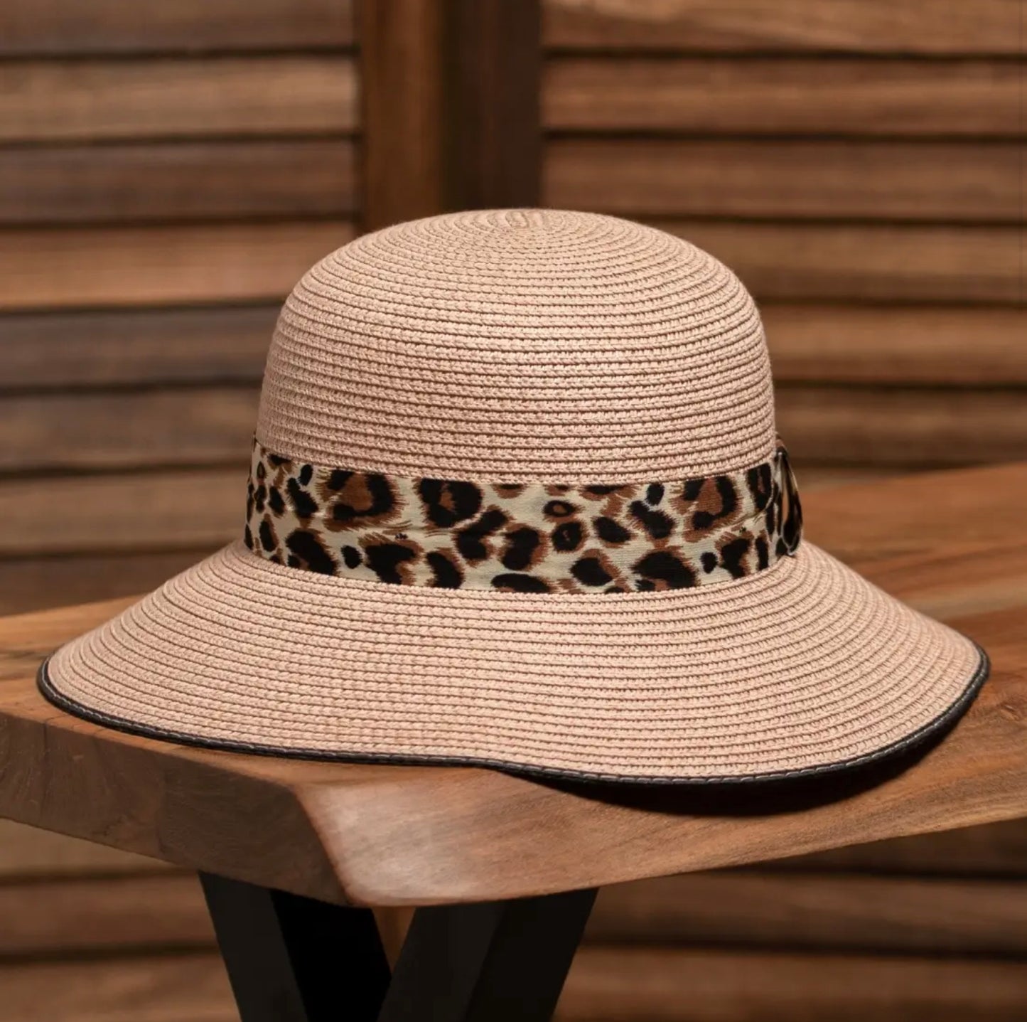 Leopard Strap Straw Bowler Hat