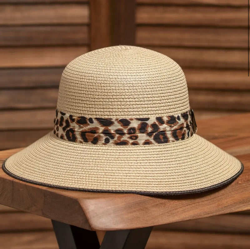 Leopard Strap Straw Bowler Hat