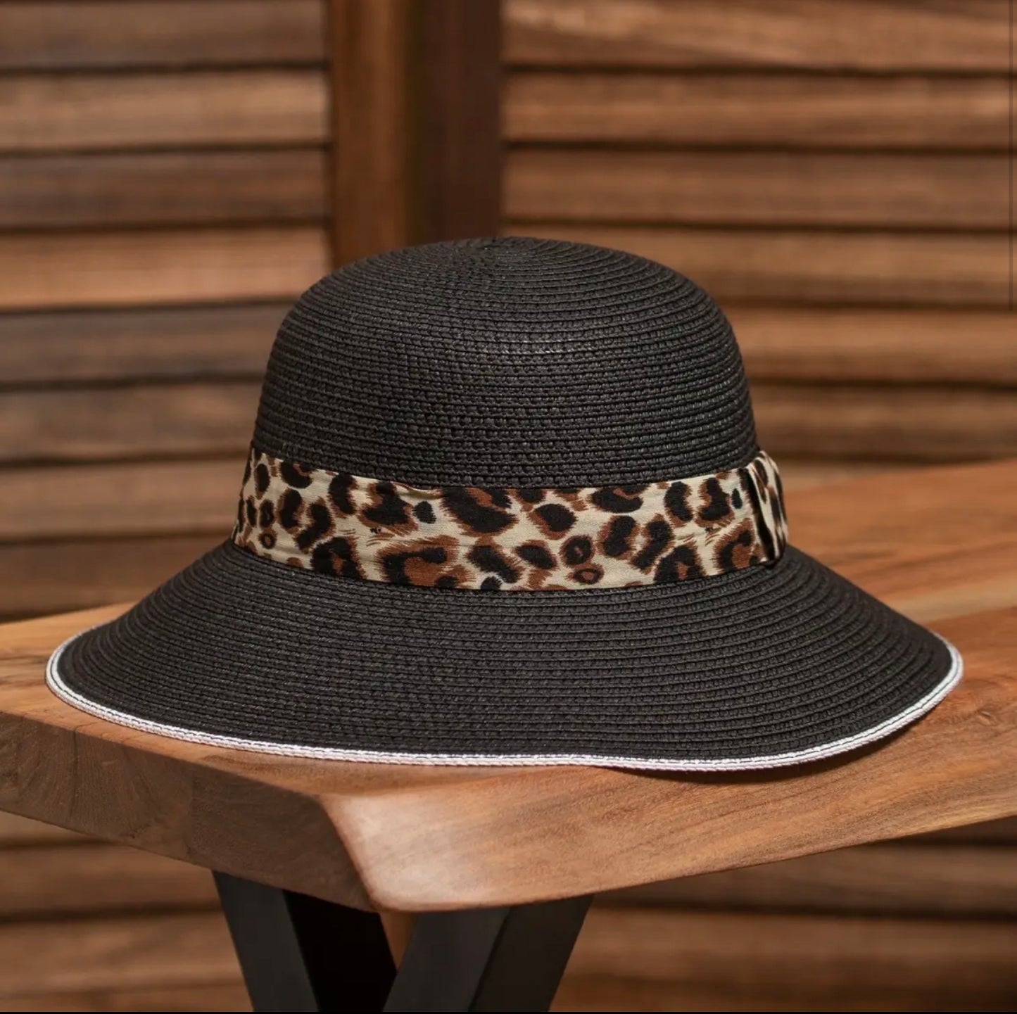 Leopard Strap Straw Bowler Hat