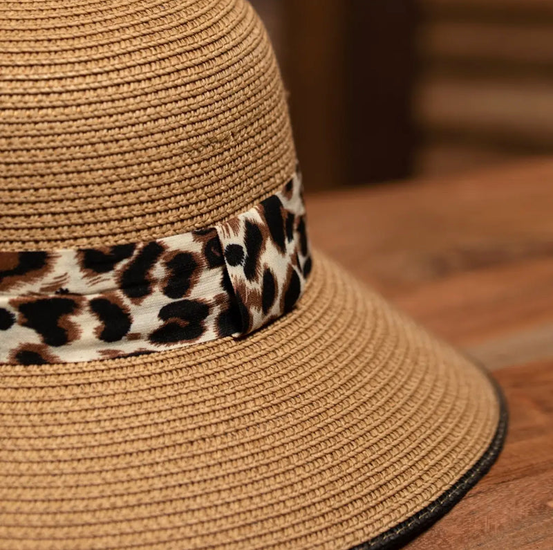 Leopard Strap Straw Bowler Hat