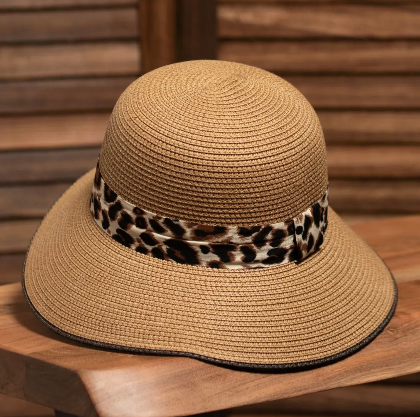 Leopard Strap Straw Bowler Hat