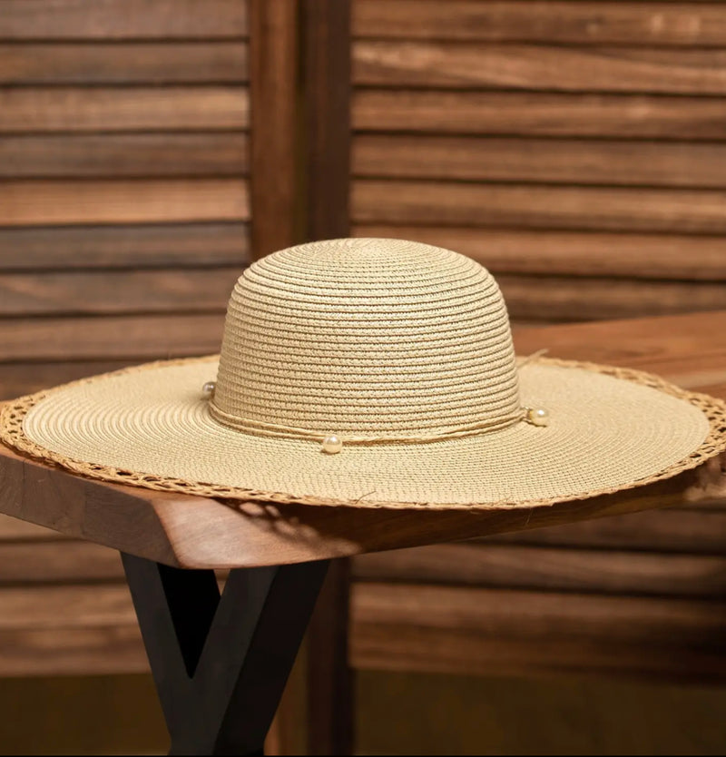 Floppy Straw Sun Hat With Pearl