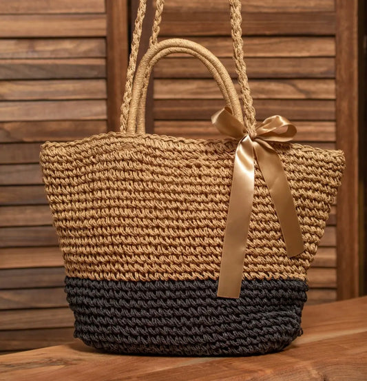 Straw Ribbon Tote Bag