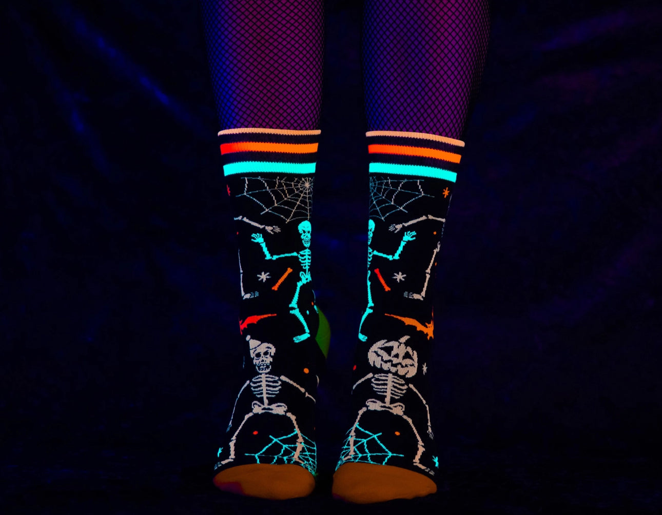 Raves Skeletons Uv Reactive Crew Socks-Legwear & Socks-PANTIESANDPUMPS.COM