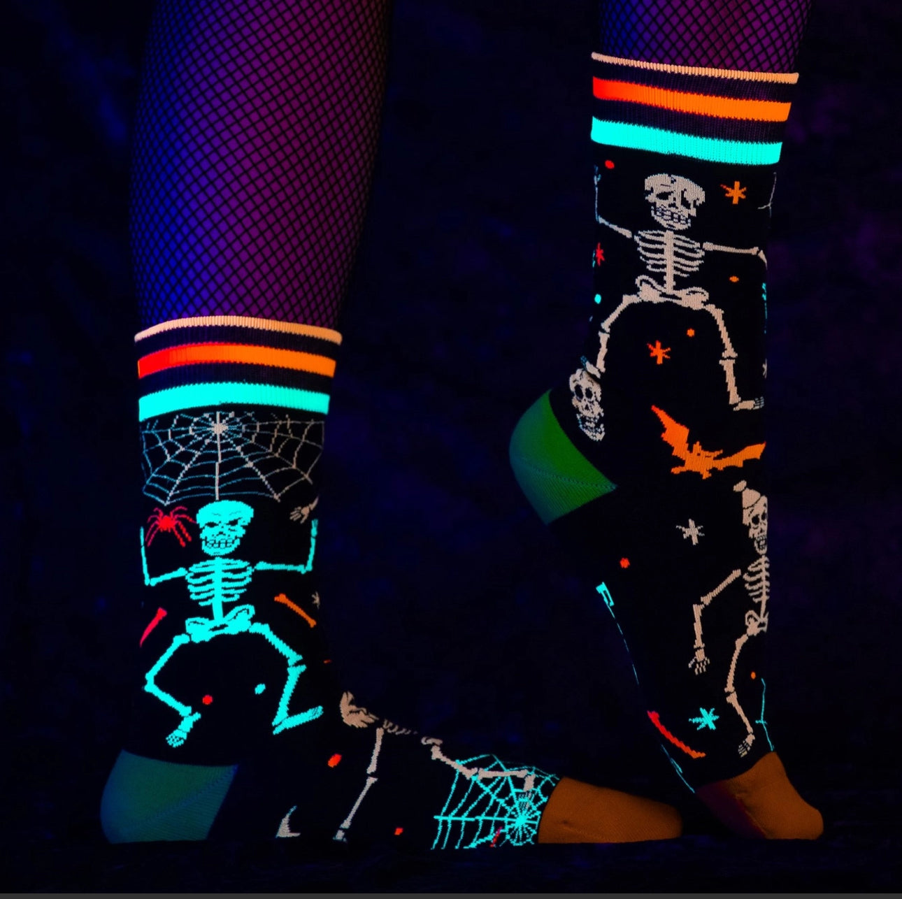 Raves Skeletons Uv Reactive Crew Socks-Legwear & Socks-PANTIESANDPUMPS.COM