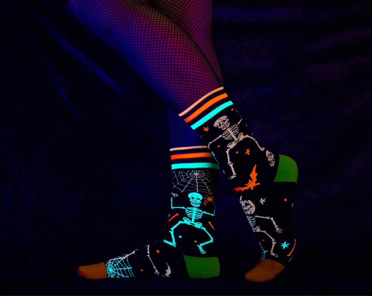 Raves Skeletons Uv Reactive Crew Socks-Legwear & Socks-PANTIESANDPUMPS.COM