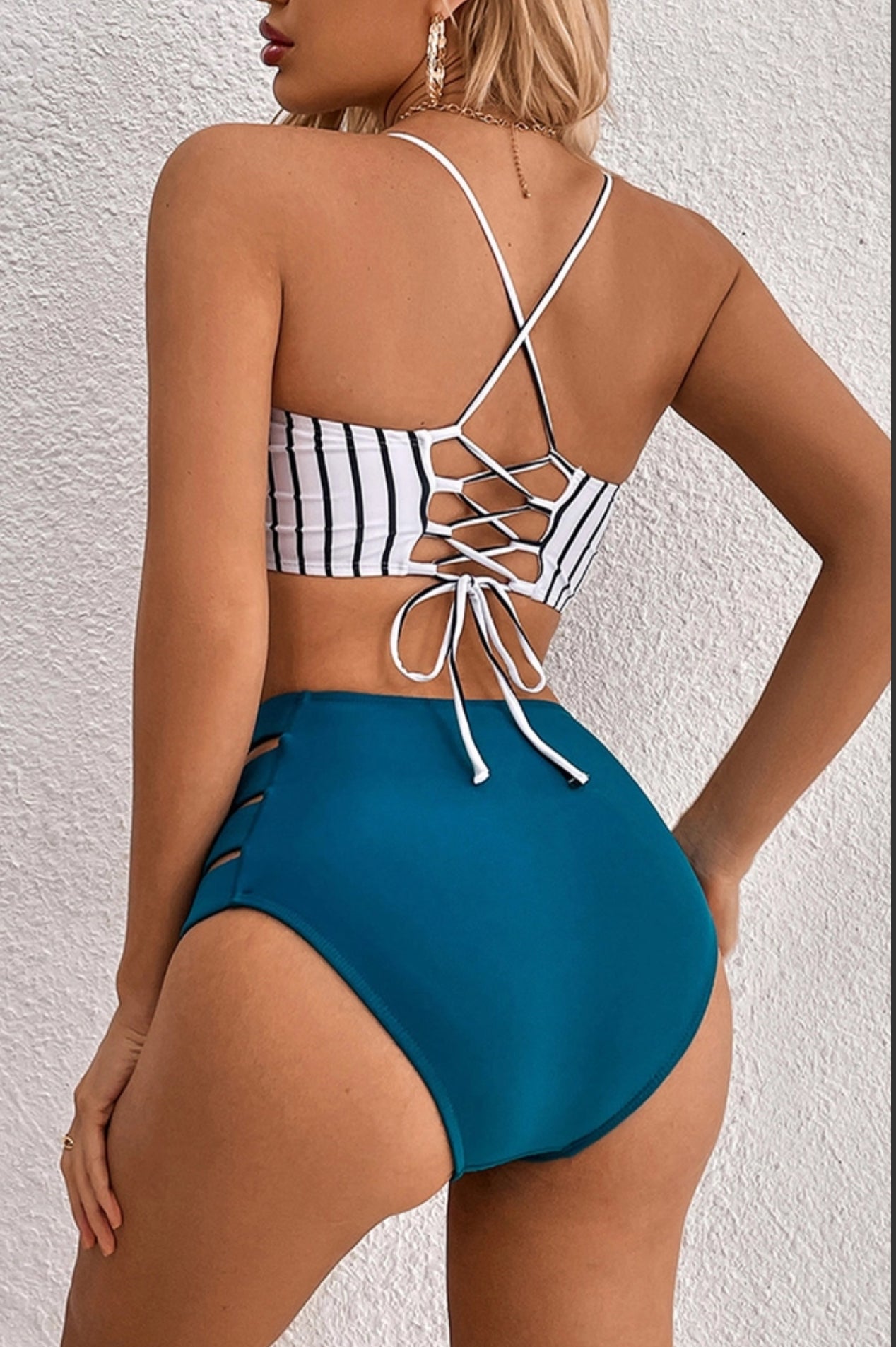 Striped Print Halter Strap Bikini-Swimwear-PANTIESANDPUMPS.COM