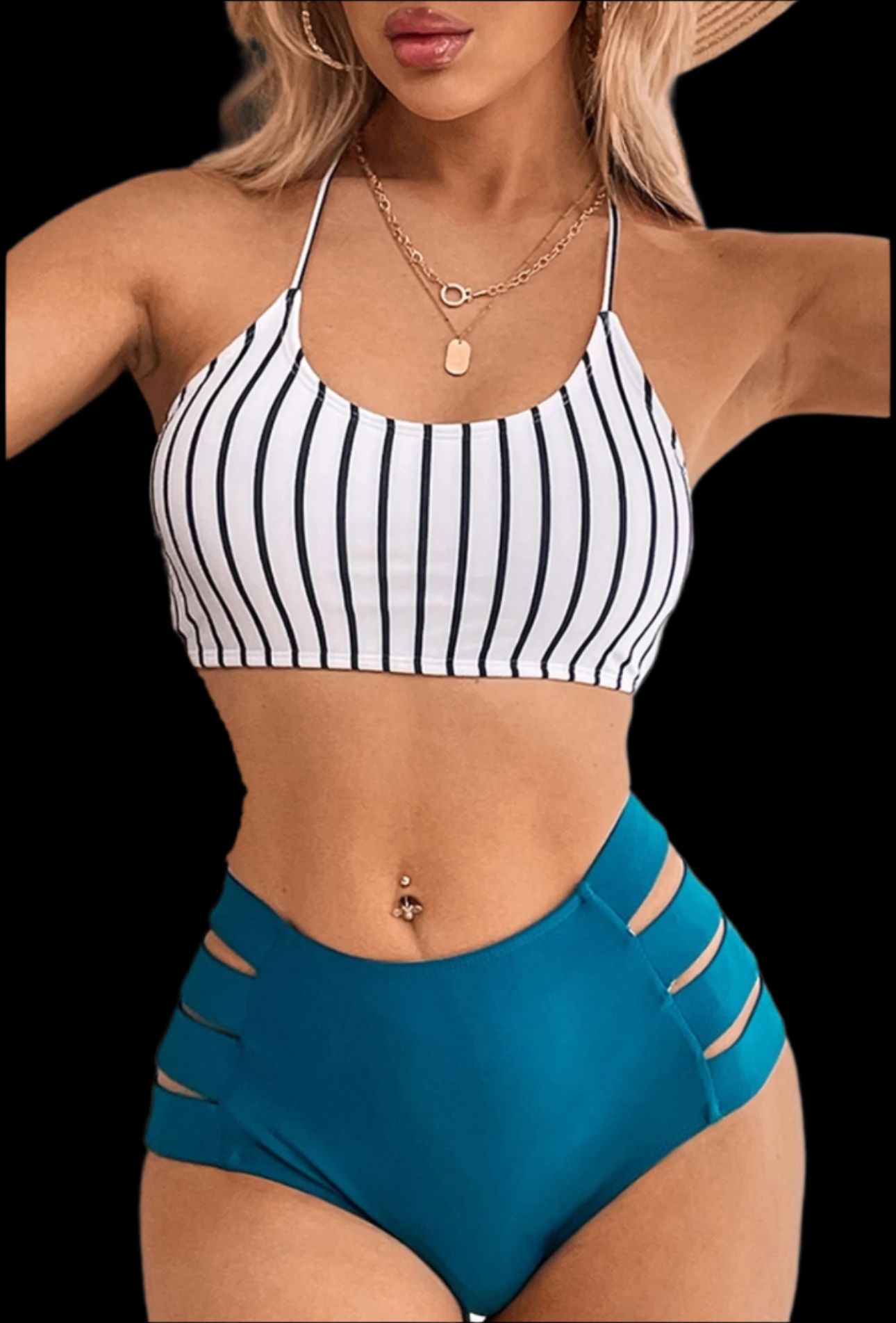 Striped Print Halter Strap Bikini