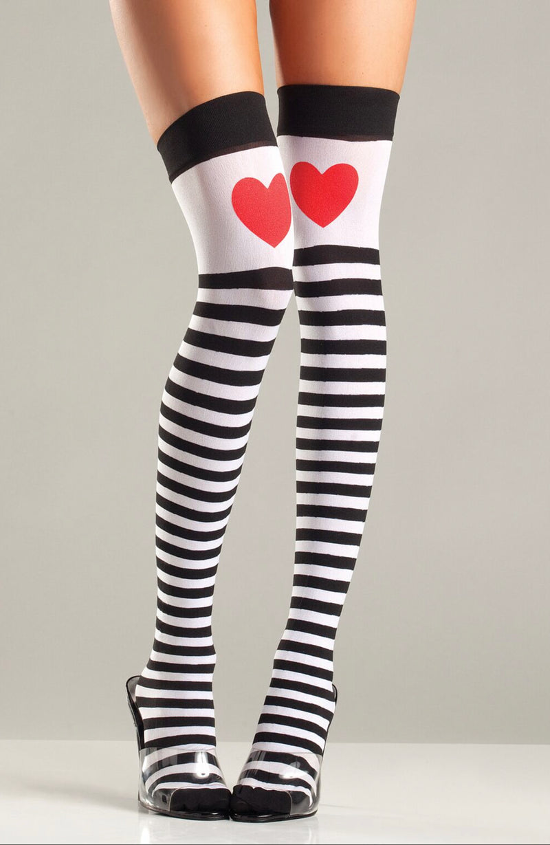 Queen Of Hearts Blk/White Striped Thigh Highs with Heart