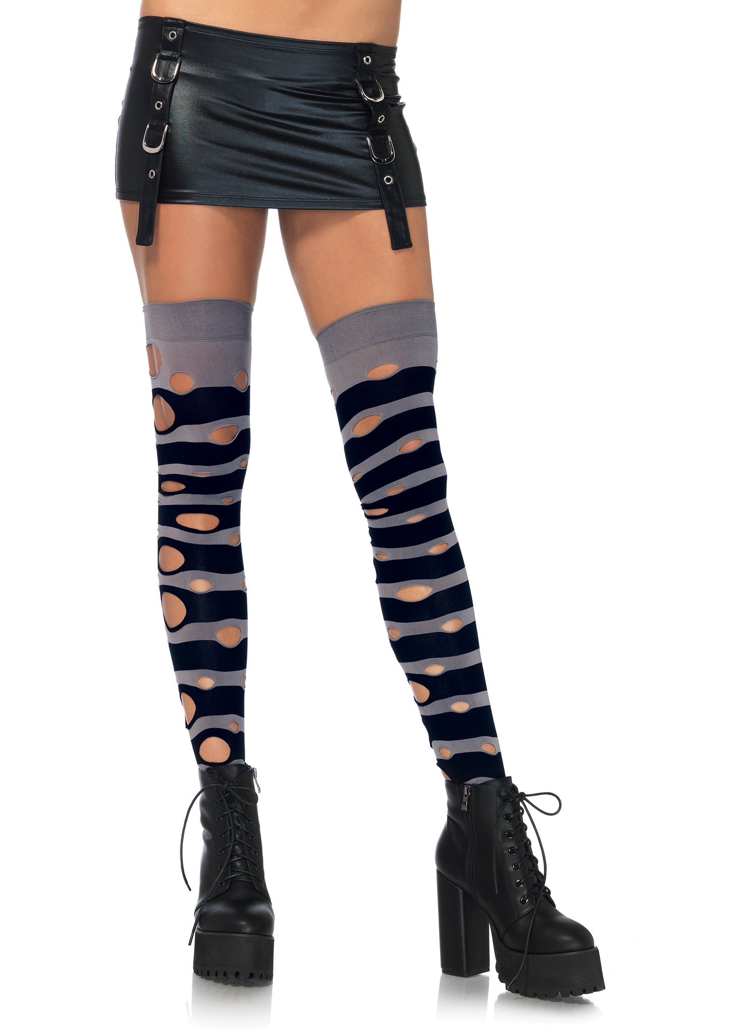 Distressed Grey Striped Thigh High