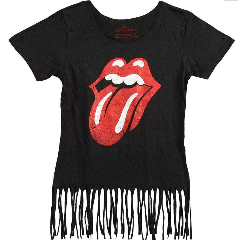 Rolling Stones Tongue Fringe Juniors Cap Sleeve Top