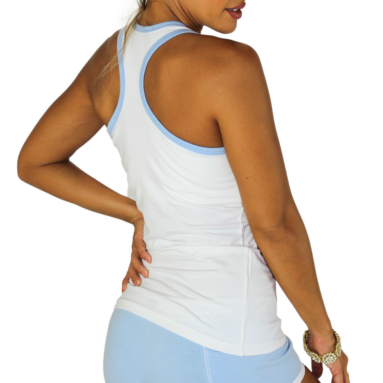 White Racerback Tank Top Light Blue Trim