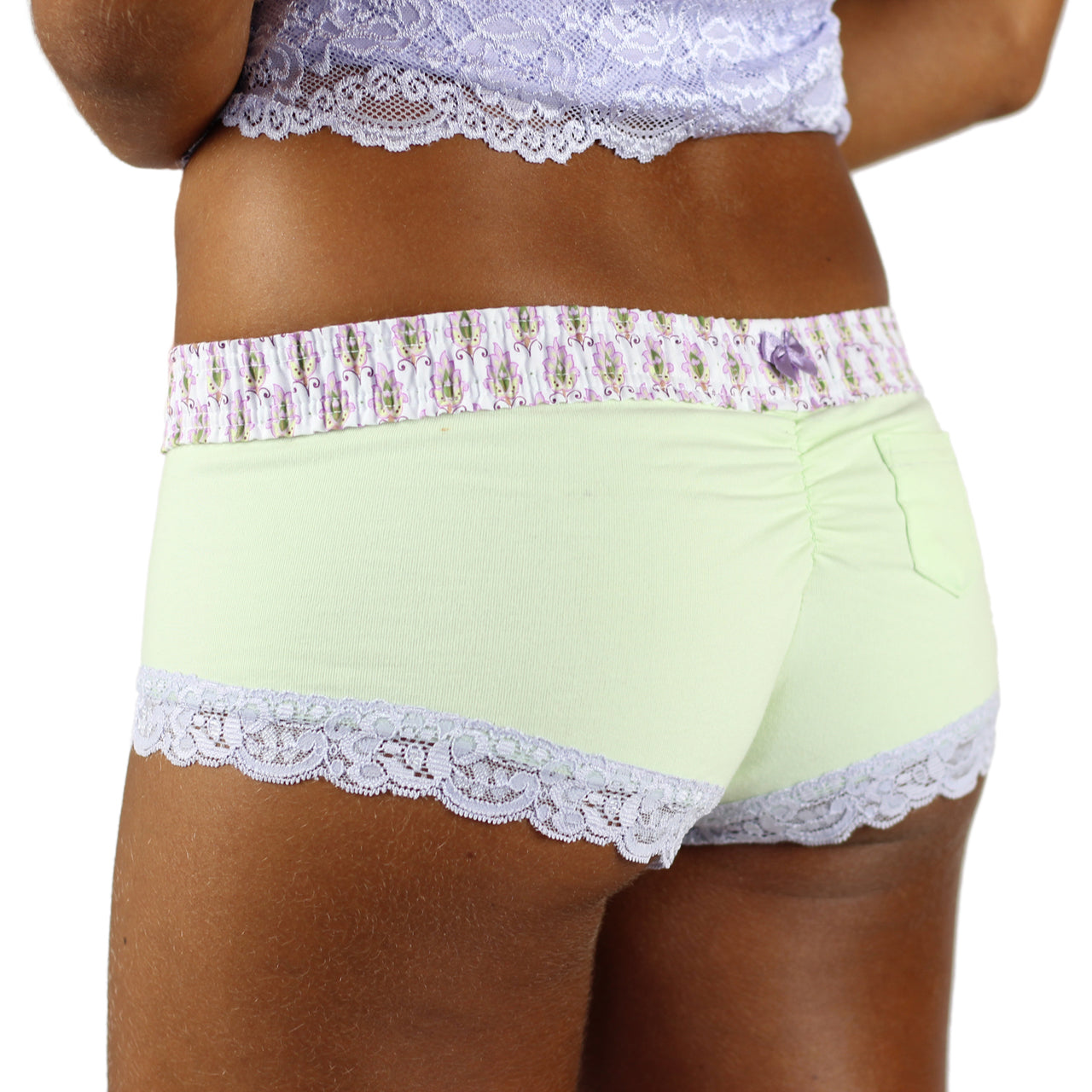 Pale Mint Green Boyshorts Lavender Waistband-Lingerie-PANTIESANDPUMPS.COM