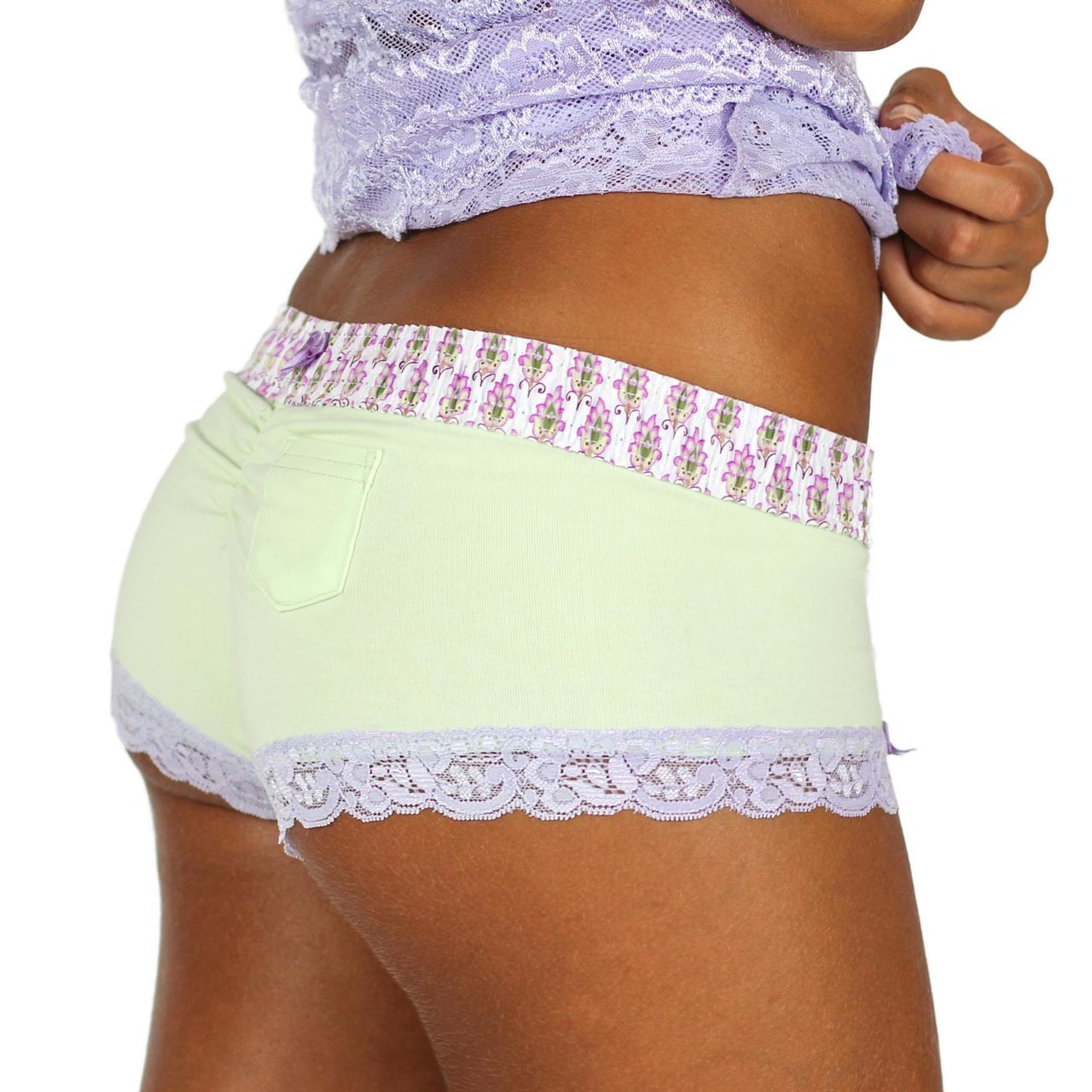 Pale Mint Green Boyshorts Lavender Waistband-Lingerie-PANTIESANDPUMPS.COM