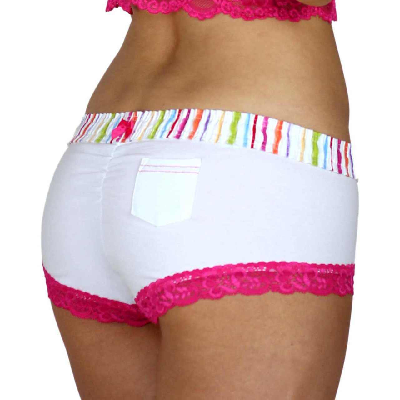 White Boyshorts Pink Lace Trim Watercolors Band-Lingerie-PANTIESANDPUMPS.COM