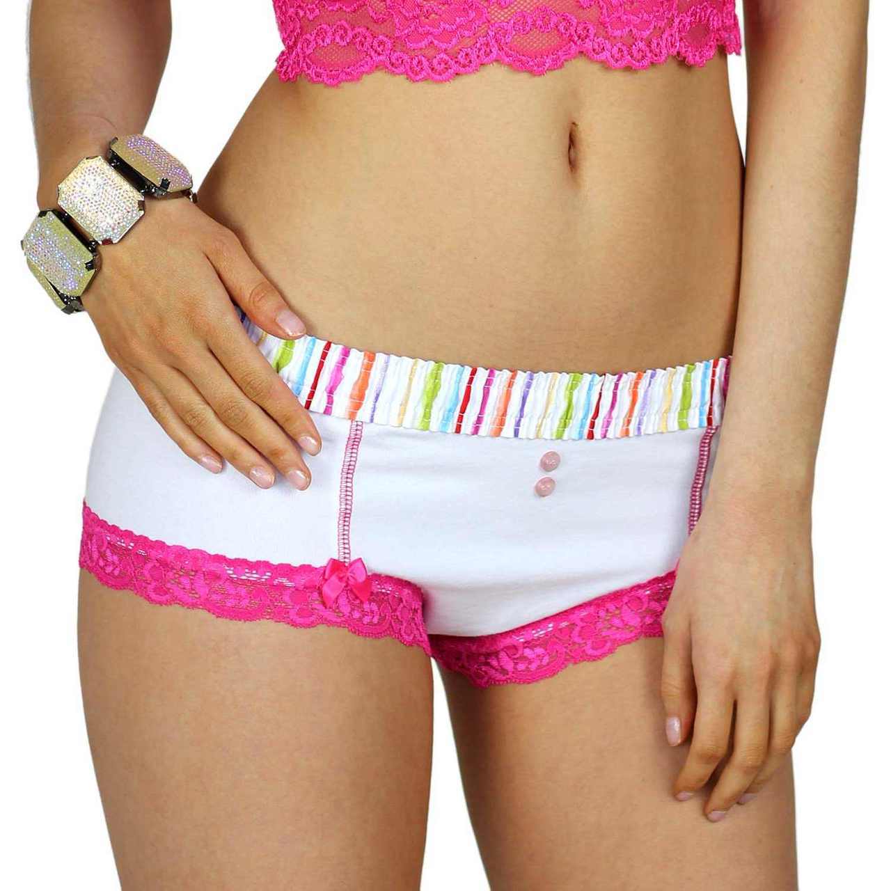 White Boyshorts Pink Lace Trim Watercolors Band-Lingerie-PANTIESANDPUMPS.COM